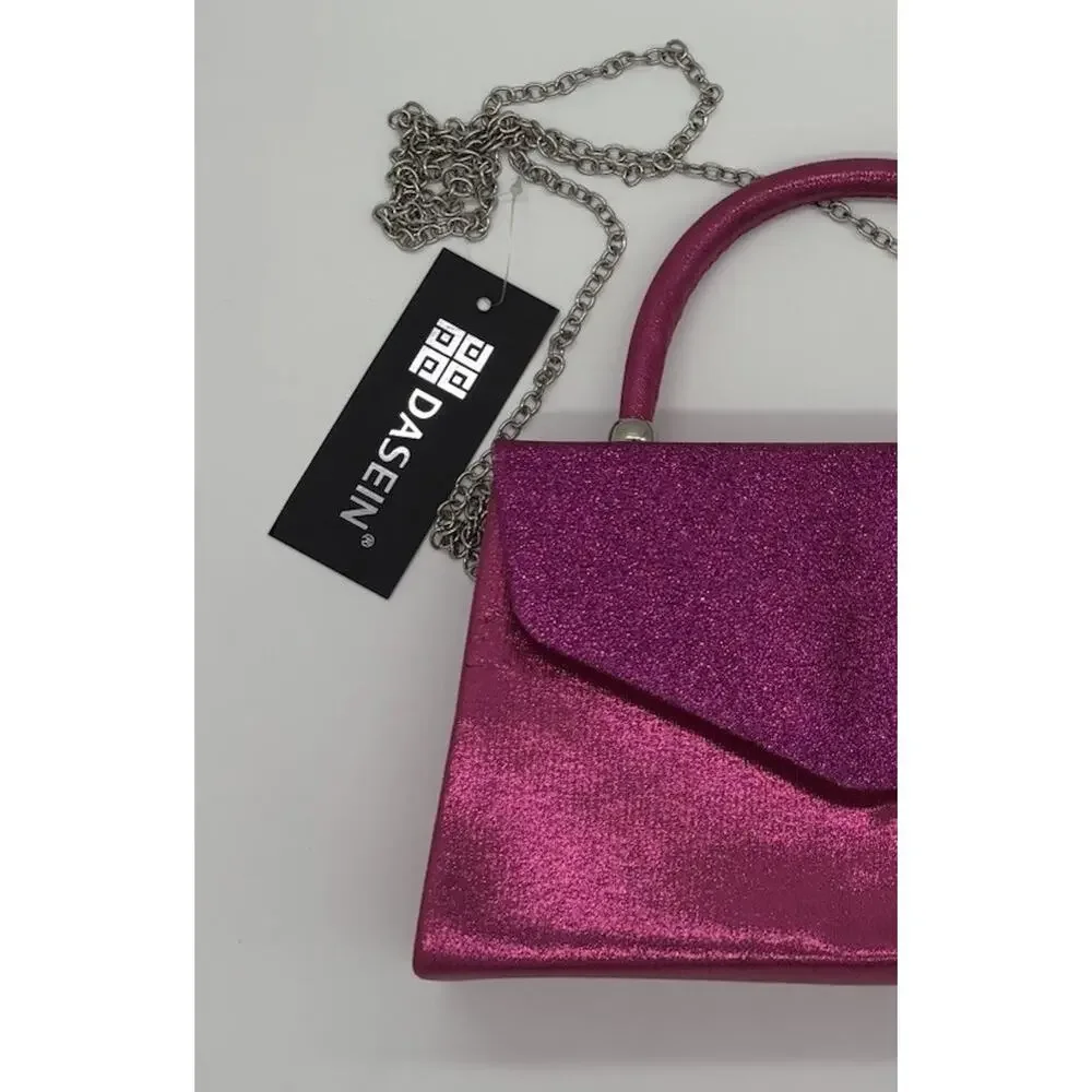 Dasein Women’s Pink Glitter Top Handle Clutch, Silver Chain, Detachable, Lined